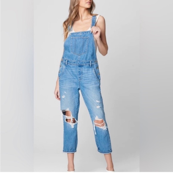 Blank NYC Loosen Up Light Blue Distressed Denim Overalls Size 29 - Picture 1 of 4
